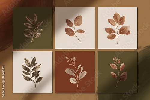 Set of Six Aesthetic Botanical Prints Featuring Earthy Tones and Simple Leaf Designs