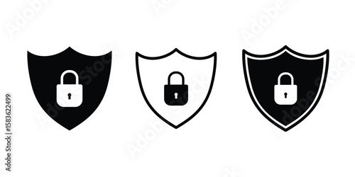 Set of Set of Minimalistic security icon featuring a padlock inside a shield, symbolizing protection and privacy in digital and physical environments.