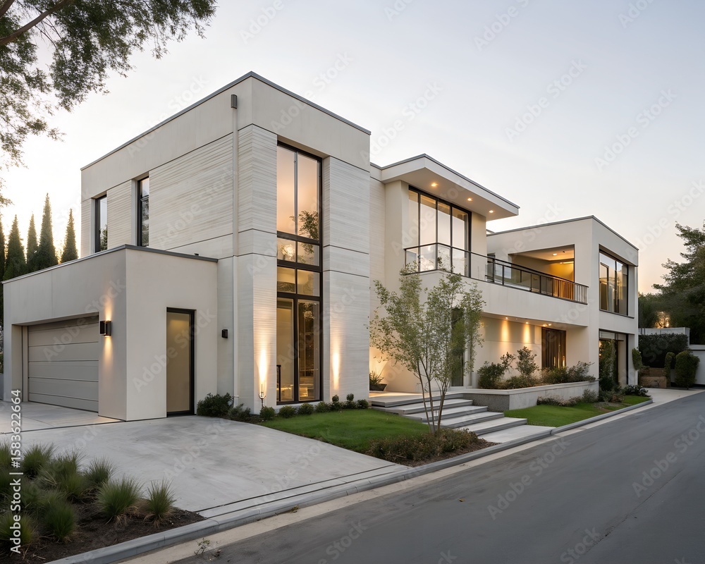 Fototapeta premium Contemporary Residential Architecture with Clean Lines and Neutral Tones in Daylight