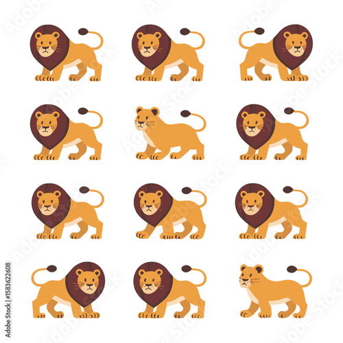Repeating Pattern of Cartoon Lions and Lionesses on White Background