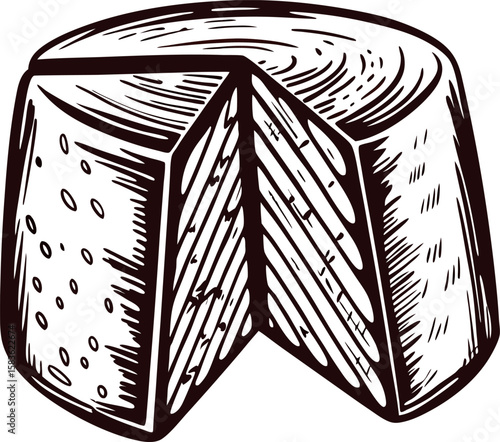 Hand drawn round cheese wheel with wedges cut out vintage monochrome engraving illustration