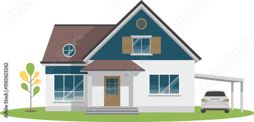 Modern suburban family house illustration, cozy home exterior with gable roof, windows, carport, front yard, colorful tree, classic architecture, residential vector art