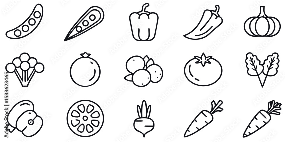 Fototapeta premium Vegetables Icon Set Black and White Line Art Style, Modern Design 