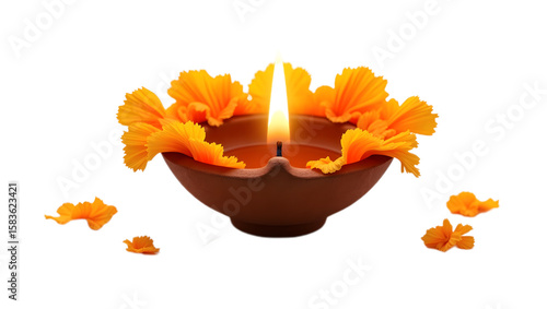 Traditional Indian diya with a glowing flame and a fresh yellow flower, isolated on transparent background. Ideal for Diwali, pooja, and cultural festive designs.