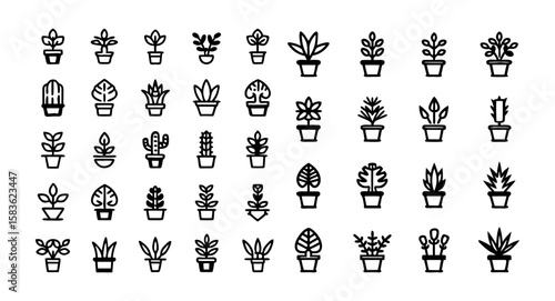 Houseplants Line Icon Set – Thin Linear Vector Pictograms of Indoor Plants, Succulents, Monstera, Potted Cactus, Bonsai, Aloe Vera, Orchid, Philodendron, and Peace Lily