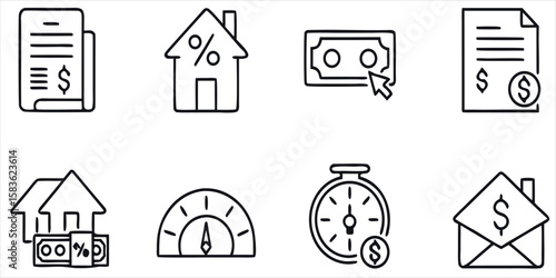 Mortgage and Real Estate Finance Line Icon Set. Home Loan and Property Investment Vector Symbols.
