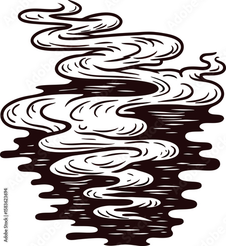 Vintage hand drawn swirling steam clouds rising above surface isolated on white background illustration