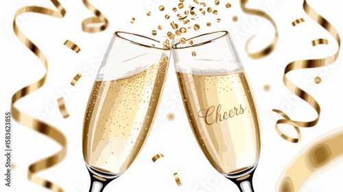 Elegant champagne toast with golden bubbles, festive confetti, and joyful celebration of a special evening moment