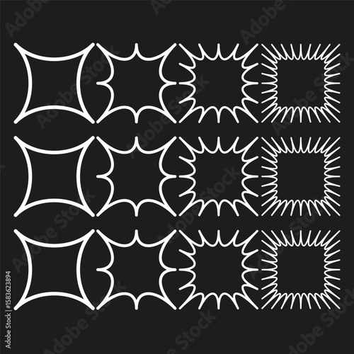 Vector frames collection. Distorted border shapes. Grunge decorative elements. Black white contours.