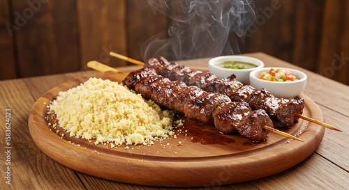 Wallpaper Mural Espetinho de carne (beef skewer) grilled and glistening, served on a wooden round plate with farofa and vinaigrette on the side. Scene placed over a wooden picnic-style table  Torontodigital.ca