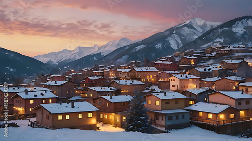 A Peaceful Winter Village in a Mountain Valley,4k