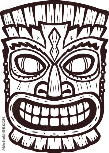 Tribal tiki mask illustration in monochrome line art with exaggerated features and decorative patterns