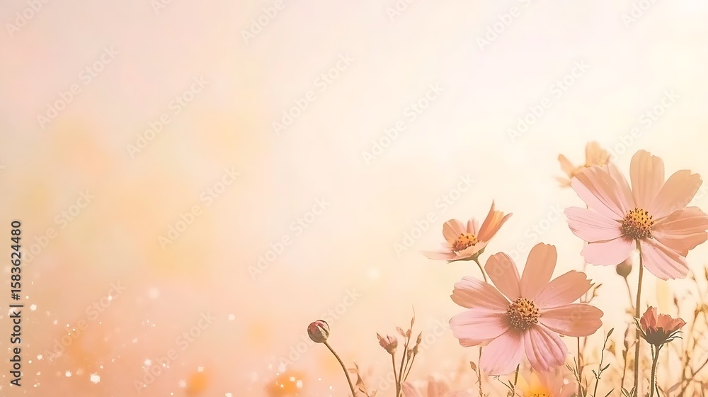 Naklejka premium Pastel pink cosmos flowers in soft sunlight