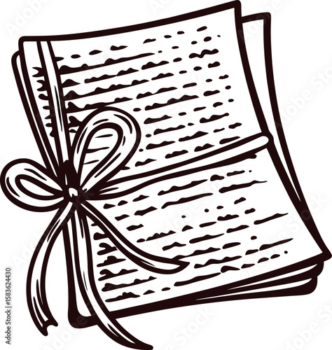 Hand drawn bundle of letters tied with ribbon isolated on white background vintage sketch illustration