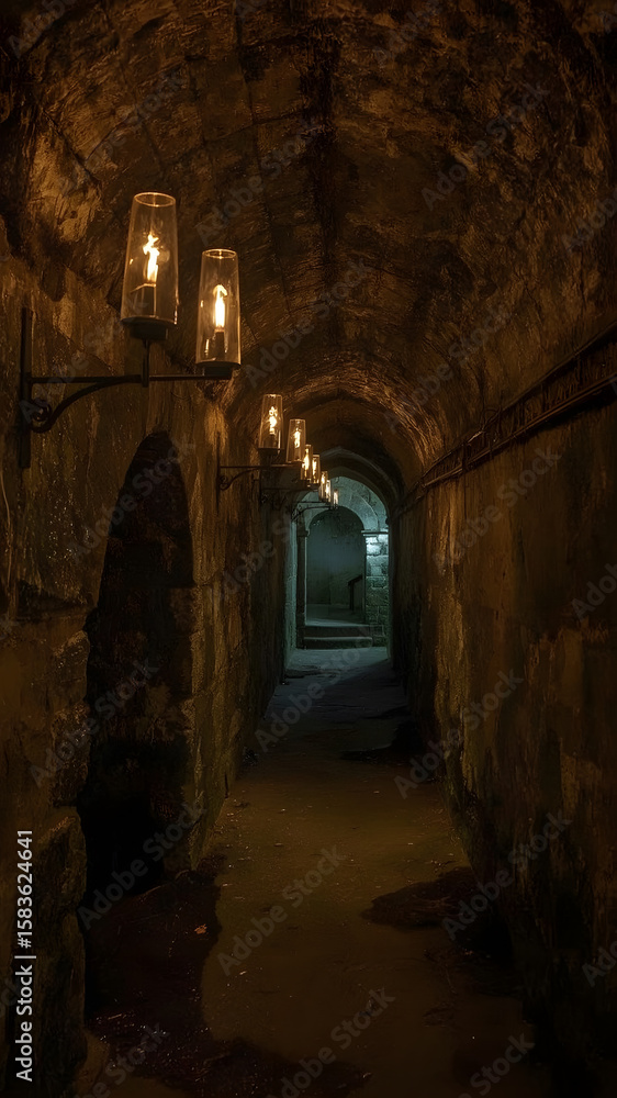 Fototapeta premium Dark Medieval Stone Hallway with Torches Mysterious Gothic Tunnel Interior. Ai generated image of long corridor in castle. Torches light way. Ancient walls, arches create mysterious atmosphere.