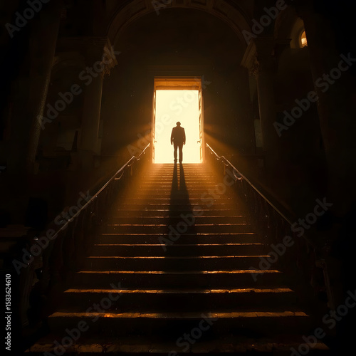 A man is walking up a dark staircase with a light shining on him from an open door. Generative AI image Silhouette of a businessman standing in front of a door with light coming through.