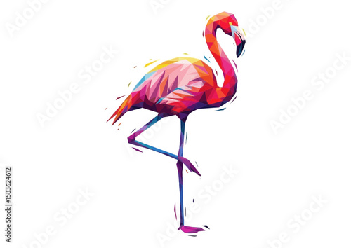 Colorful geometric flamingo standing on one leg in a modern art style with vibrant colors and copy space