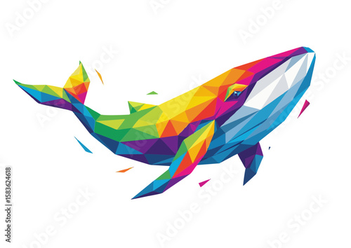 Colorful geometric whale swimming in a modern art style with vibrant colors and copy space