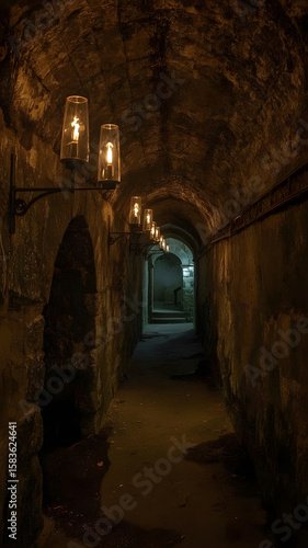 Dark Medieval Stone Hallway with Torches Mysterious Gothic Tunnel Interior. Ai generated image of long corridor in castle. Torches light way. Ancient walls, arches create mysterious atmosphere.