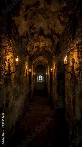Dark Medieval Stone Hallway with Torches Mysterious Gothic Tunnel Interior. Ai generated image of long corridor in castle. Torches light way. Ancient walls, arches create mysterious atmosphere.