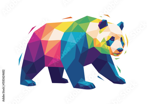 Colorful geometric panda walking in a modern art style with vibrant colors and copy space