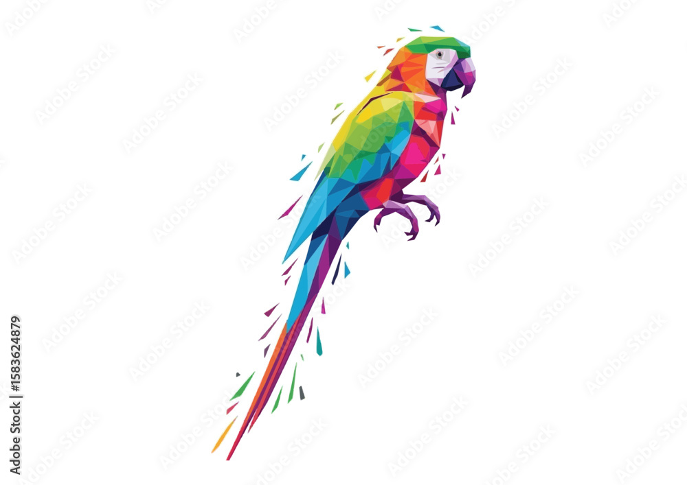 Fototapeta premium Colorful geometric parrot perched in a modern art style with vibrant colors and copy space
