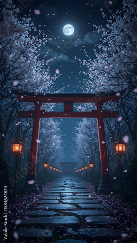 Moonlit Japanese Torii Gate Path with Cherry Blossoms Tranquil Blue Night Scene. Ai generated image Night Scene Anime Illustration, Torii Gate, Cherry Blossoms, Moonlit Path. 4k resolution.