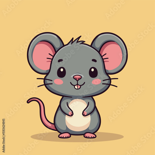 Cute Cartoon Gray Mouse Illustration on Yellow Background