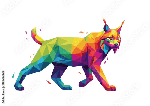 Colorful geometric lynx walking in a modern art style with vibrant colors and copy space