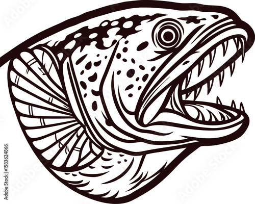 Aggressive freshwater fish head illustration with open mouth and detailed scales in black and white tattoo