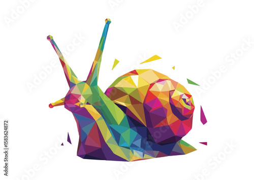 Colorful geometric snail crawling in a modern art style with vibrant colors and copy space