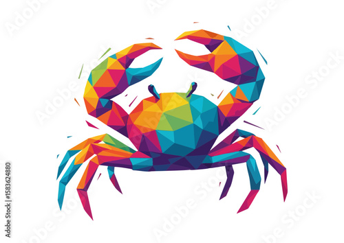 Colorful geometric crab with raised claws in a modern art style with vibrant colors and copy space