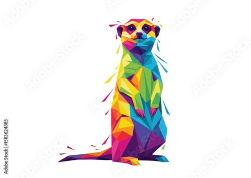 Colorful geometric meerkat standing upright in a modern art style with vibrant colors and copy space