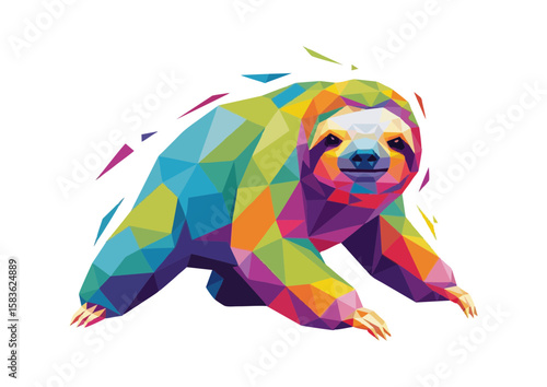 Colorful geometric sloth crawling in a modern art style with vibrant colors and copy space