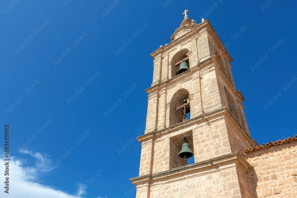Serene Bell Tower Silhouette: A weathered stone bell tower stands tall against a vibrant azure sky, its bells patiently awaiting the call to chime. Serene Bell Tower Silhouette: A weathered stone bell tower stands tall against a vibrant azure sky, its bells patiently awaiting the call to chime.