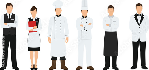 Restaurant staff characters including chefs, waiters, and hostess in uniform, hospitality team standing together, cartoon illustration isolated on white background, professional service industry