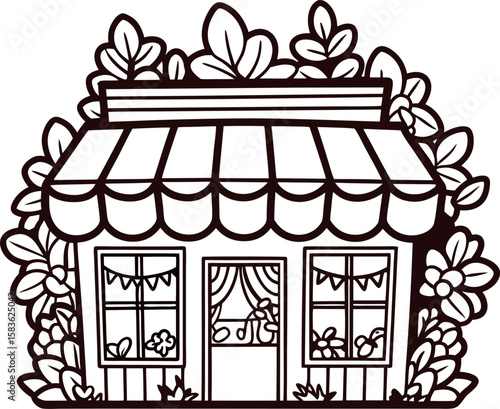 Charming hand drawn flower shop with striped awning and leafy plants, black and white illustration
