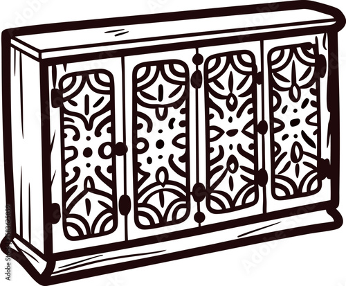 Hand drawn ornate wooden cabinet with decorative carved doors and vintage in black and white illustration