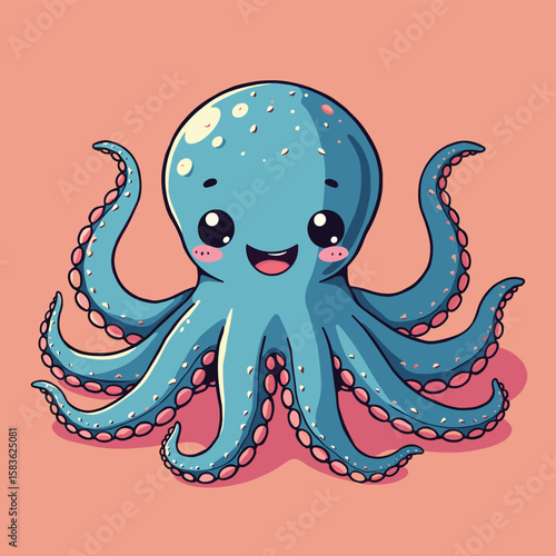 Cute Cartoon Octopus Smiling with Pink Cheeks on Coral Background