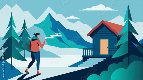 Taking a break from work to step outside the chalet and breathe in the crisp mountain air.. Vector illustration