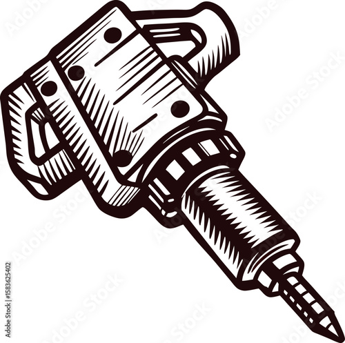 Hand drawn illustration of industrial pneumatic jackhammer tool with detailed engraving