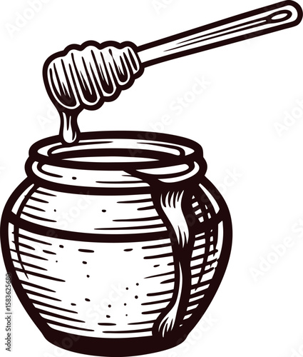 Hand drawn honey pot with dipper and flowing honey in engraved vintage illustration