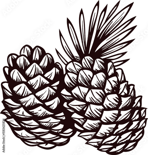 Hand drawn illustration of two detailed pine cones with leaves in vintage engraved