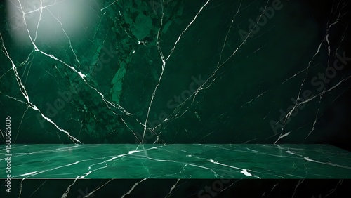 Elegant green marble surface texture background with light veins for premium product presentation.