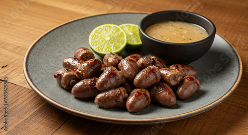 Wallpaper Mural Grilled chicken hearts (coração de frango) slightly charred and juicy, served on a matte ceramic plate with garlic-lime dipping sauce. Plated on a traditional churrasco-style wood surface Torontodigital.ca