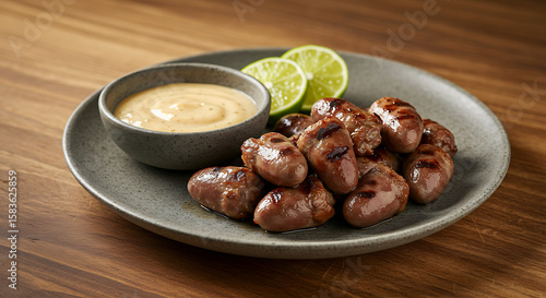 Wallpaper Mural Grilled chicken hearts (coração de frango) slightly charred and juicy, served on a matte ceramic plate with garlic-lime dipping sauce. Plated on a traditional churrasco-style wood surface Torontodigital.ca