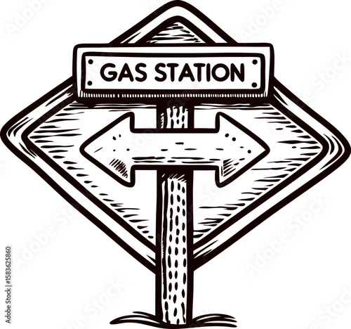 Hand drawn gas station road sign with arrow directions in vintage engraving isolated on white background