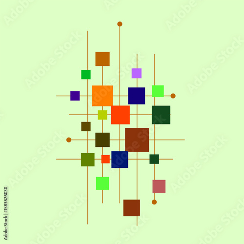 A visually balanced abstract artwork featuring multicolored squares intersected by clean brown lines and circular nodes. Perfect for modern art lovers and interior decor enthusiasts.