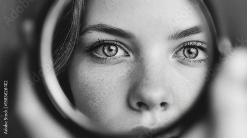 Close-up grayscale portrait of a woman looking at herself in a mirror