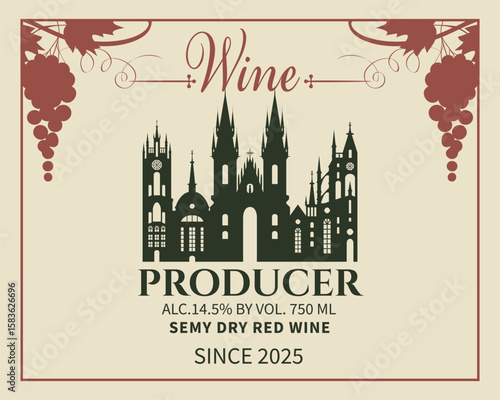 Vector wine label with church, gothic building, bunch of grapes and cityscape. Old town. Logo, menu for restaurant or cafe, shop, winery. Banner, packaging, advertising poster or billboard. No AI